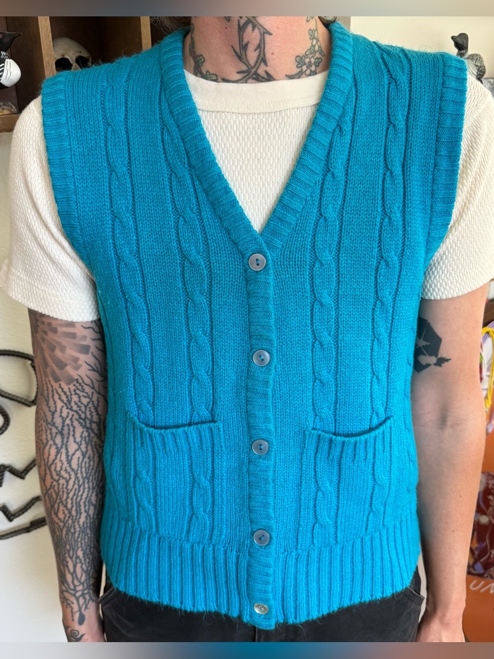 Vintage 70s 80s Turquoise Blue Cable Knit Sweater Vest ~ Size Small
